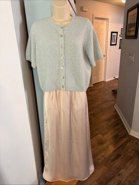 Work set - Light Blue Knit Short Sleeve Cardigan with Cream Satin Maxi Skirt XS